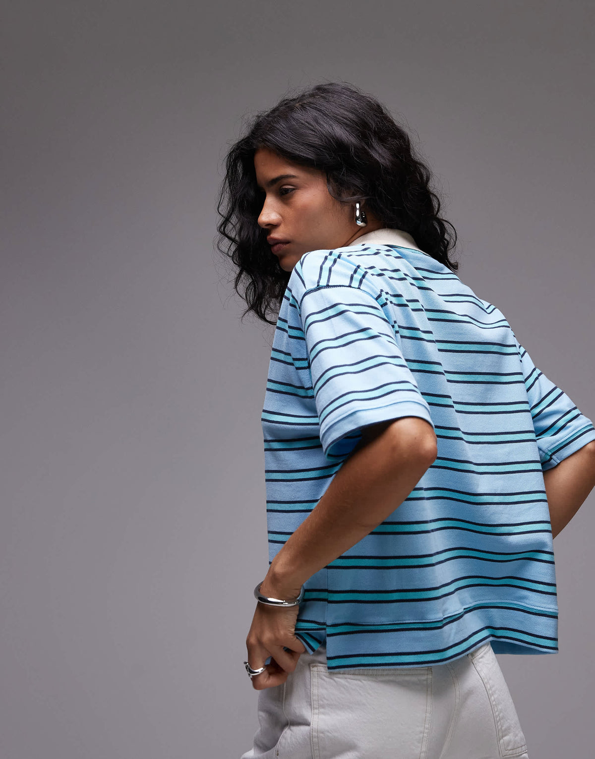 Topshop stripe boxy polo in turquoise