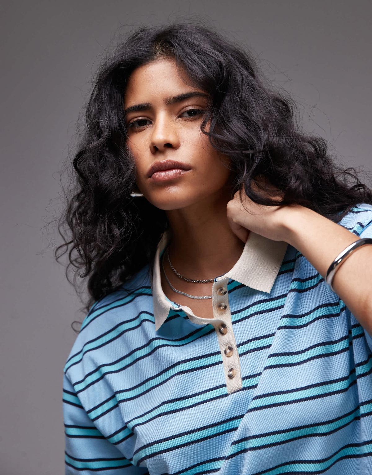 Topshop stripe boxy polo in turquoise