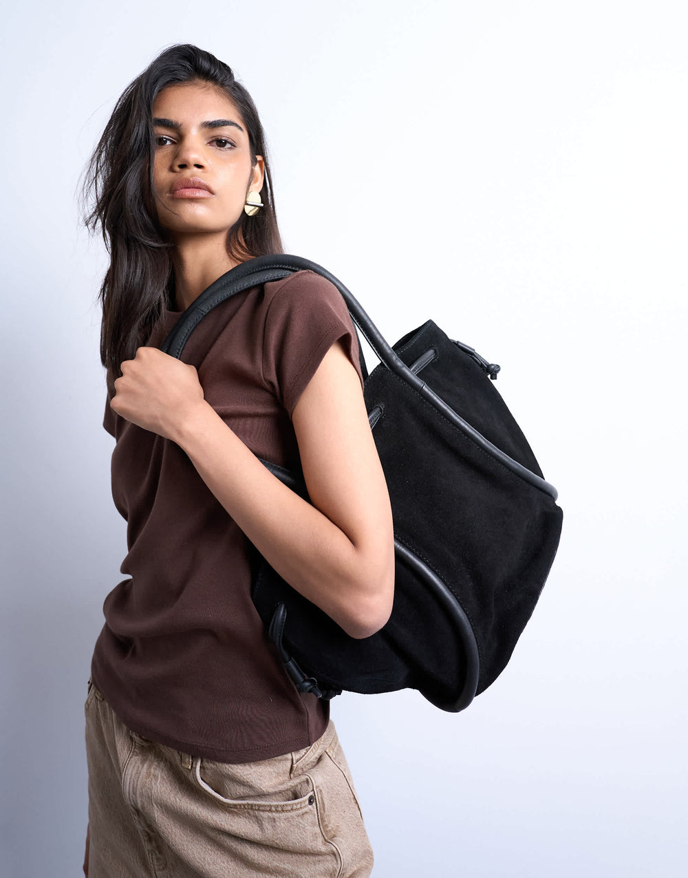 Topshop Sena real suede leather shoulder bag in black