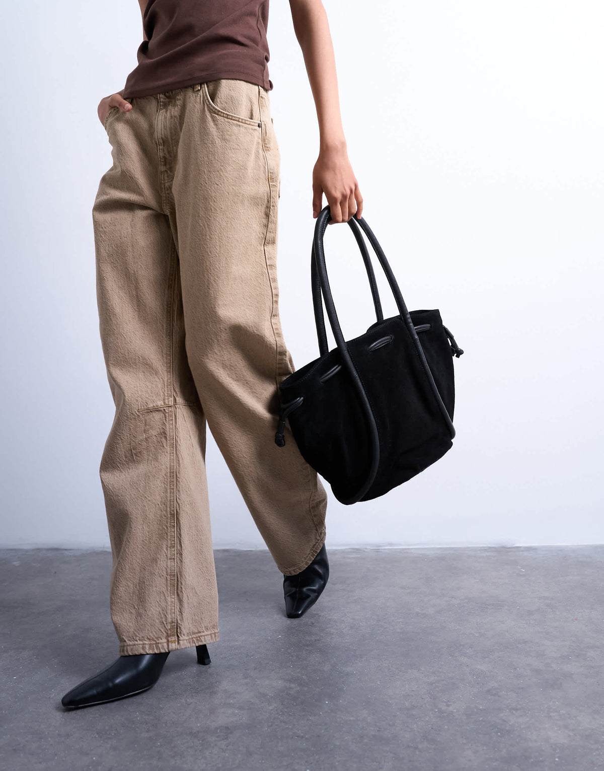 Topshop Sena real suede leather shoulder bag in black