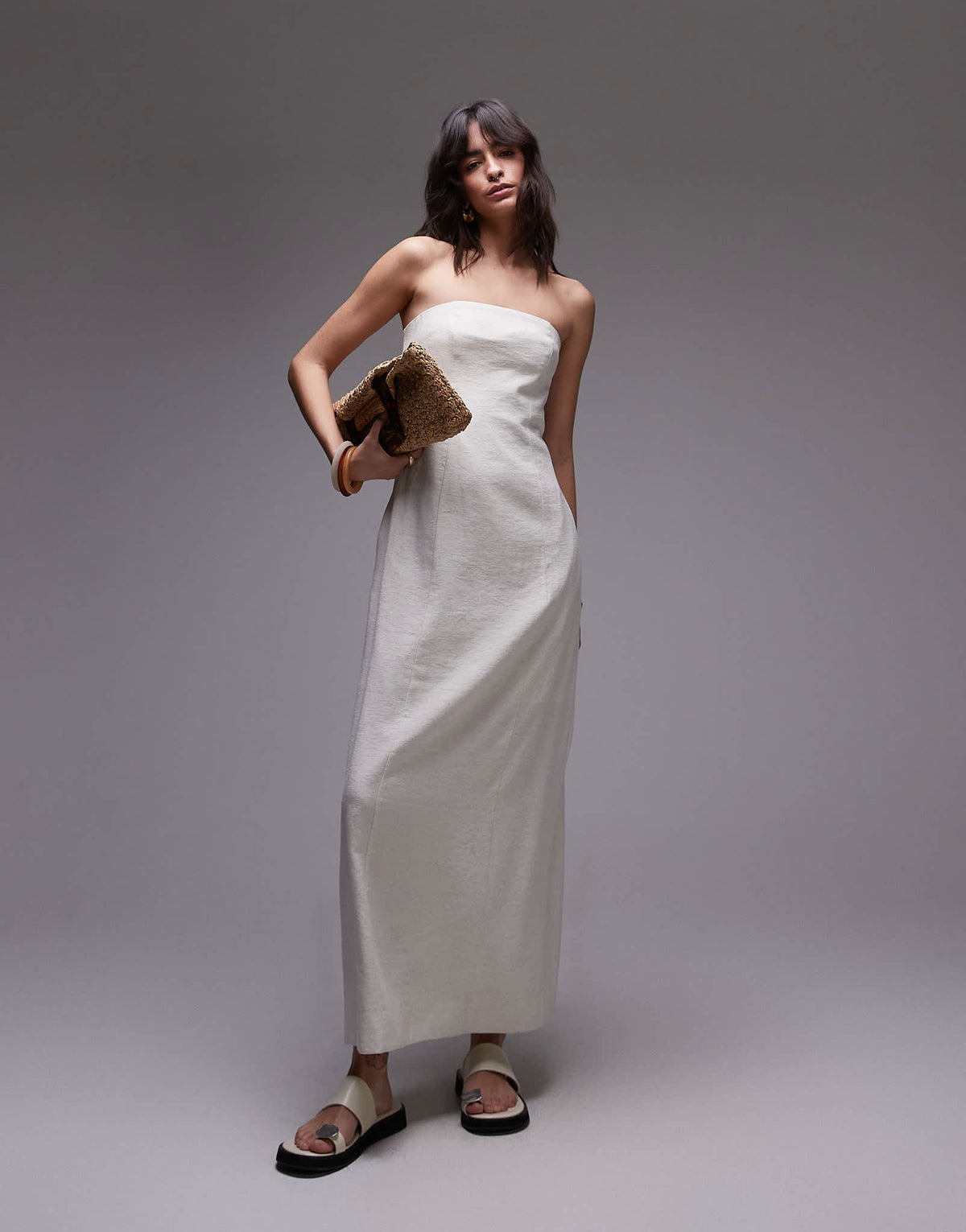 Topshop linen Bandeau midi in natural