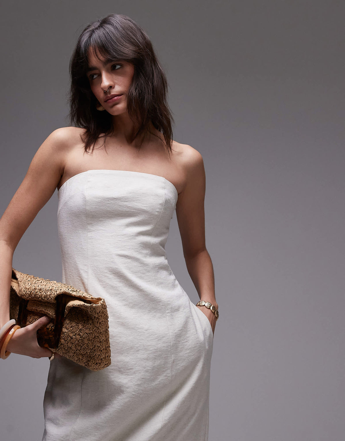 Topshop linen Bandeau midi in natural