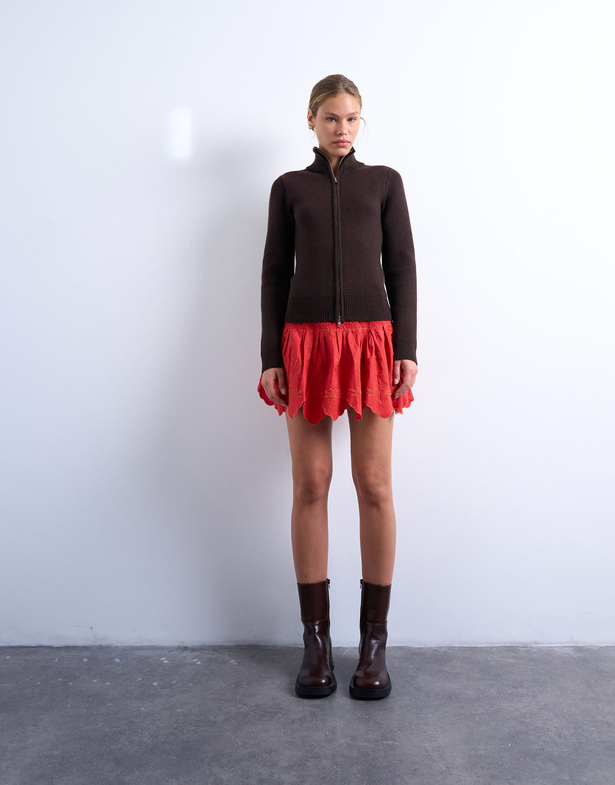 Topshop cutwork scalloped edge mini skirt in red