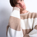 Topman regular fit stripe crew in stone and brown