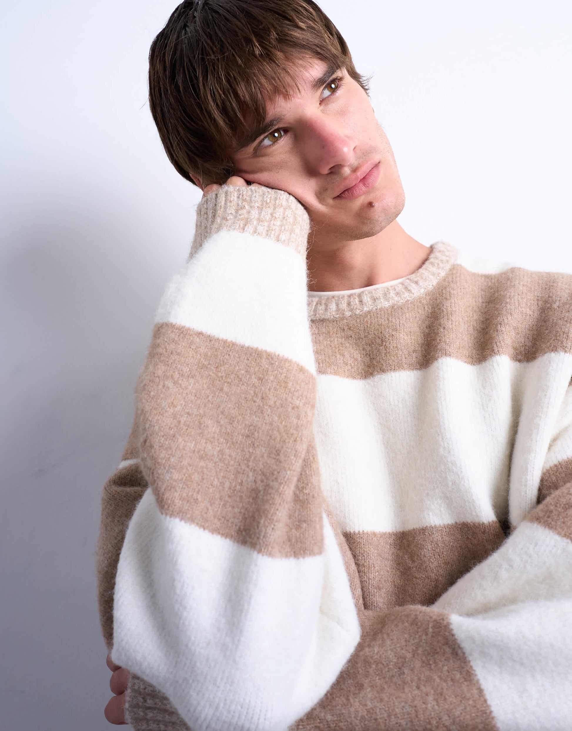 Topman regular fit stripe crew in stone and brown