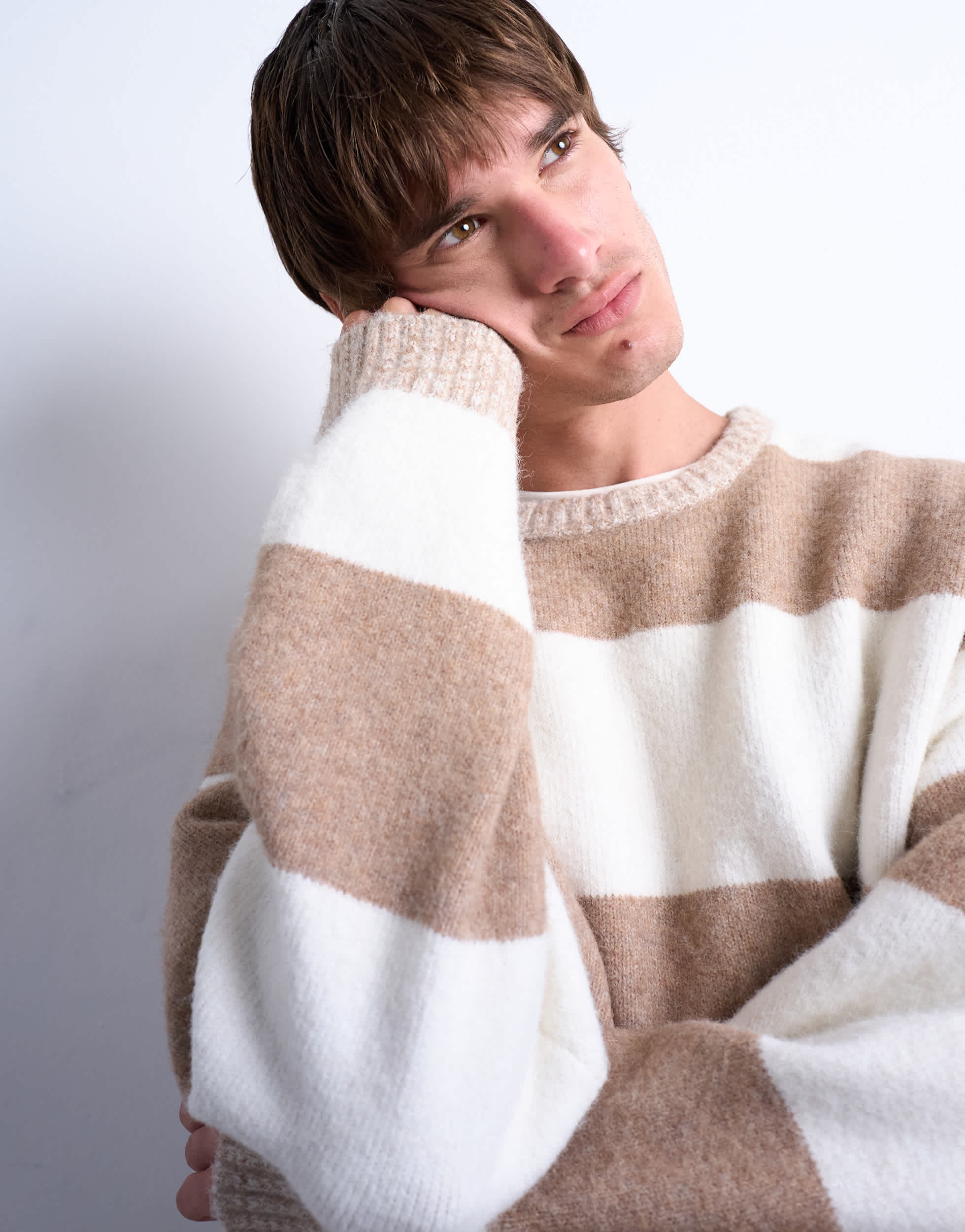 Topman regular fit stripe crew in stone and brown
