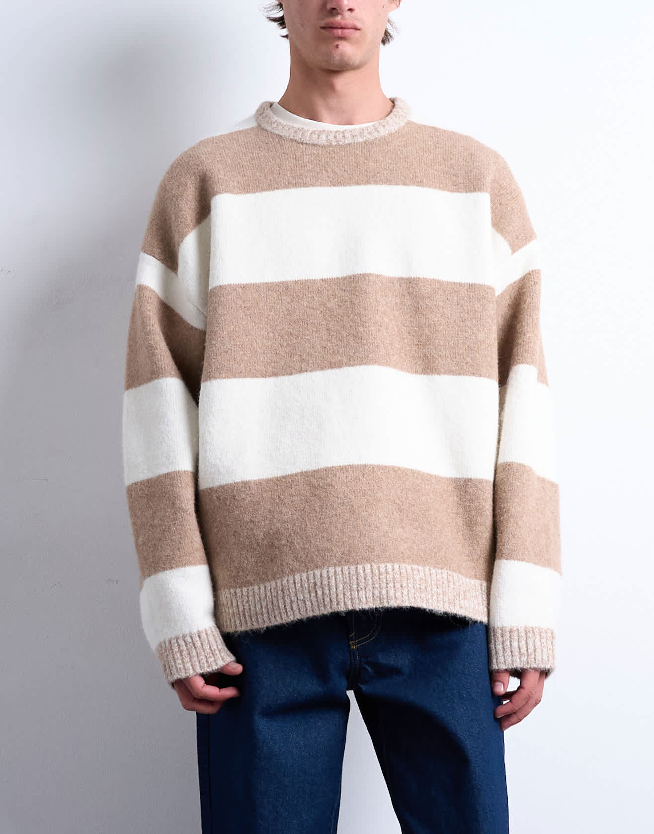 Topman regular fit stripe crew in stone and brown