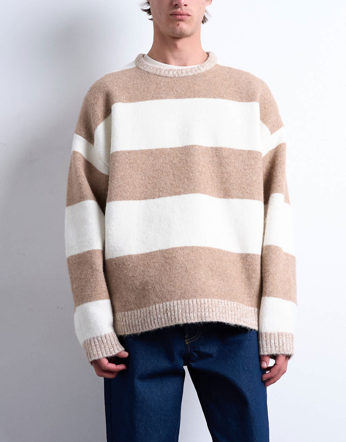 Topman regular fit stripe crew in stone and brown