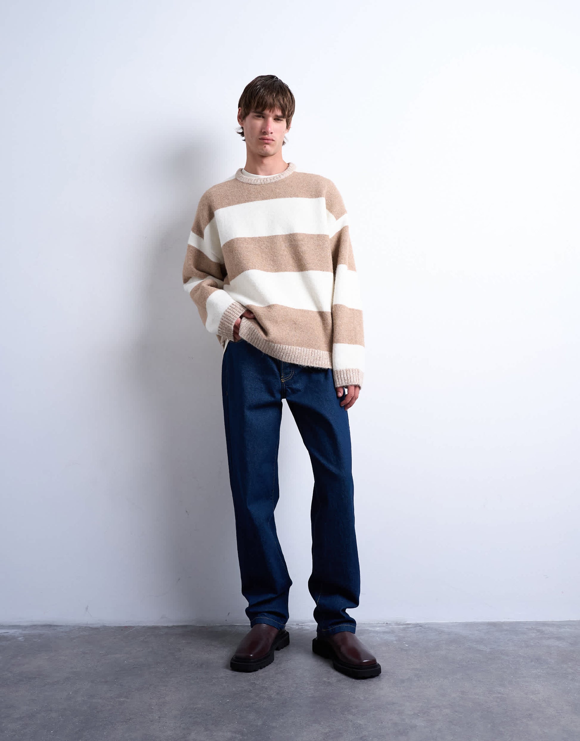 Topman regular fit stripe crew in stone and brown