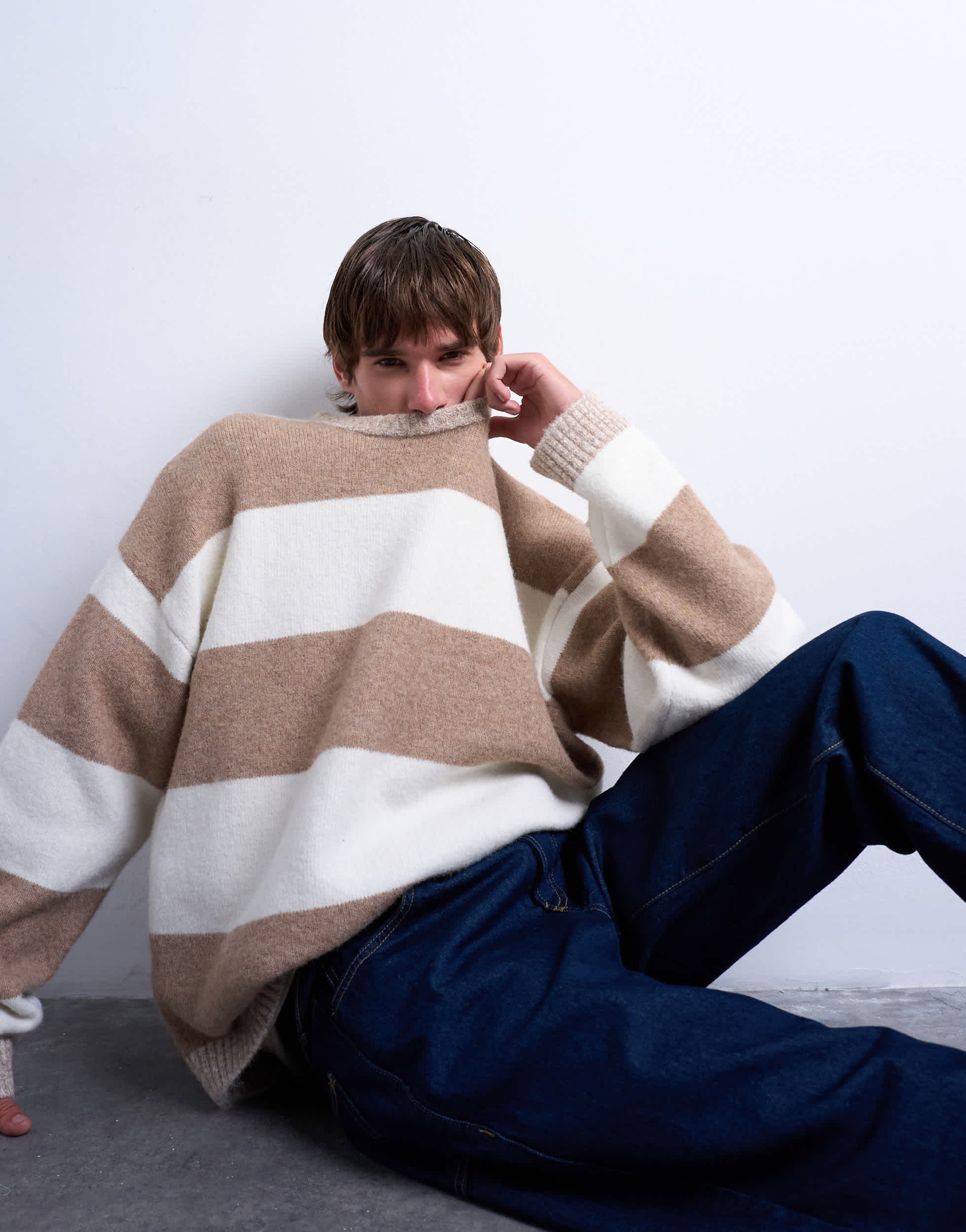 Topman regular fit stripe crew in stone and brown