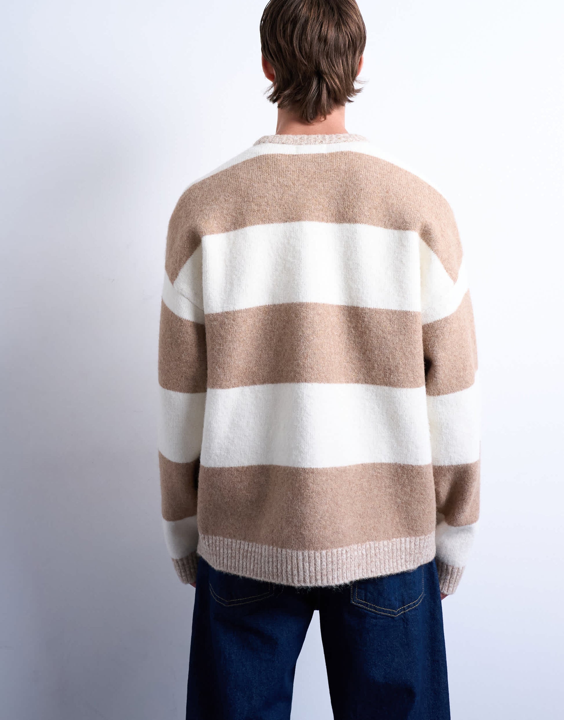 Topman regular fit stripe crew in stone and brown