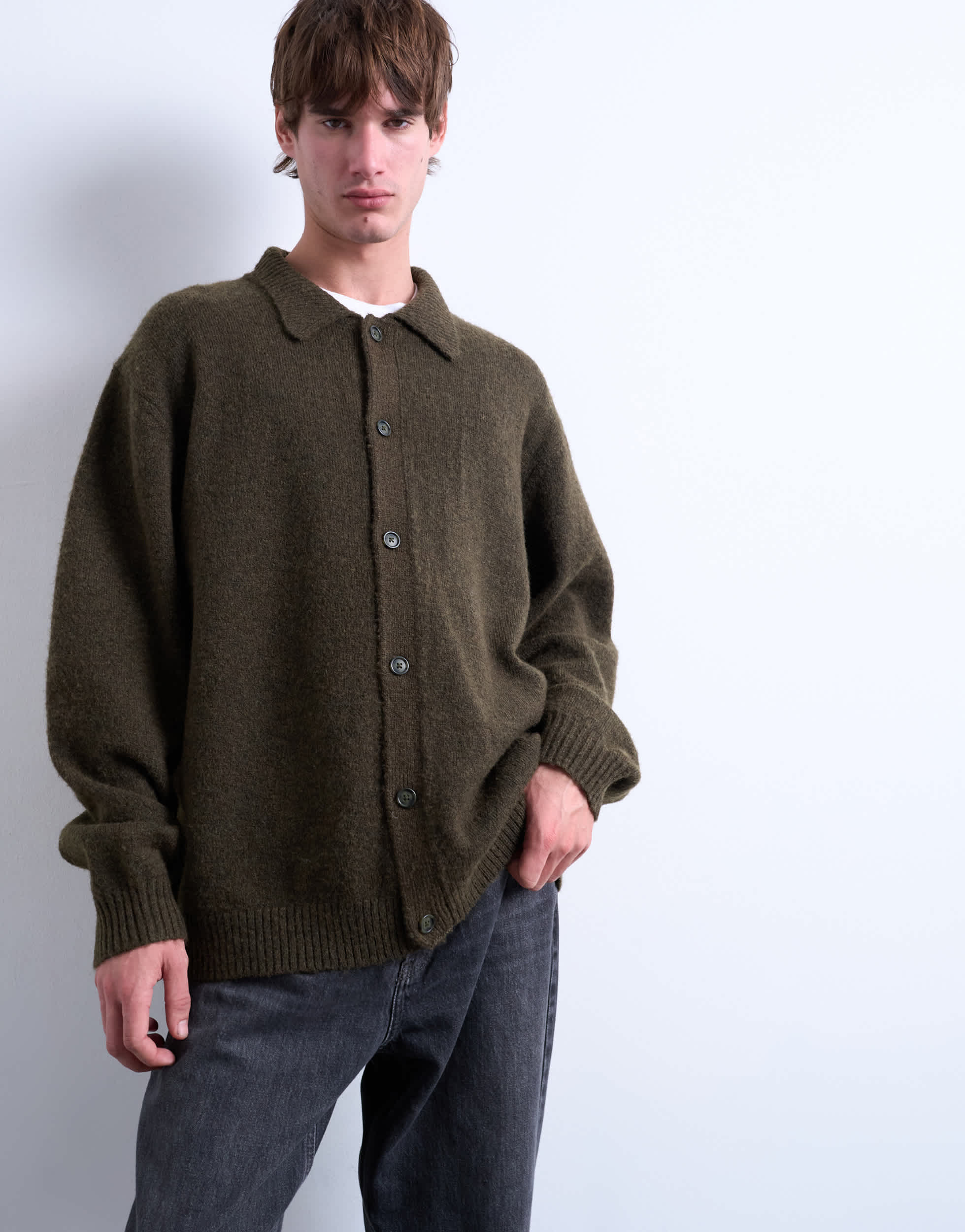 Topman Oversized-Cardigan mit Knopfleiste in Khaki