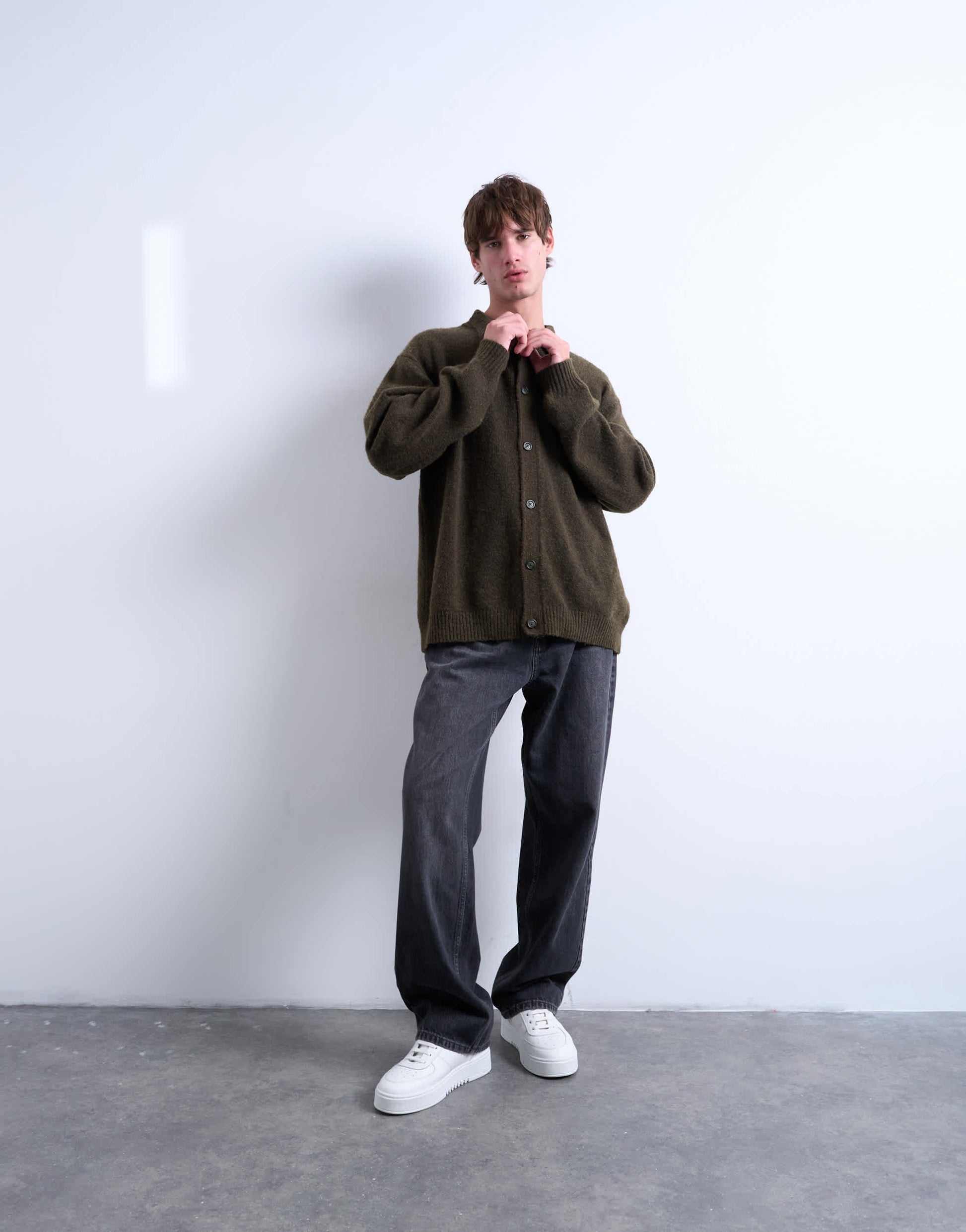 Topman oversized fit button through cardigan in khaki