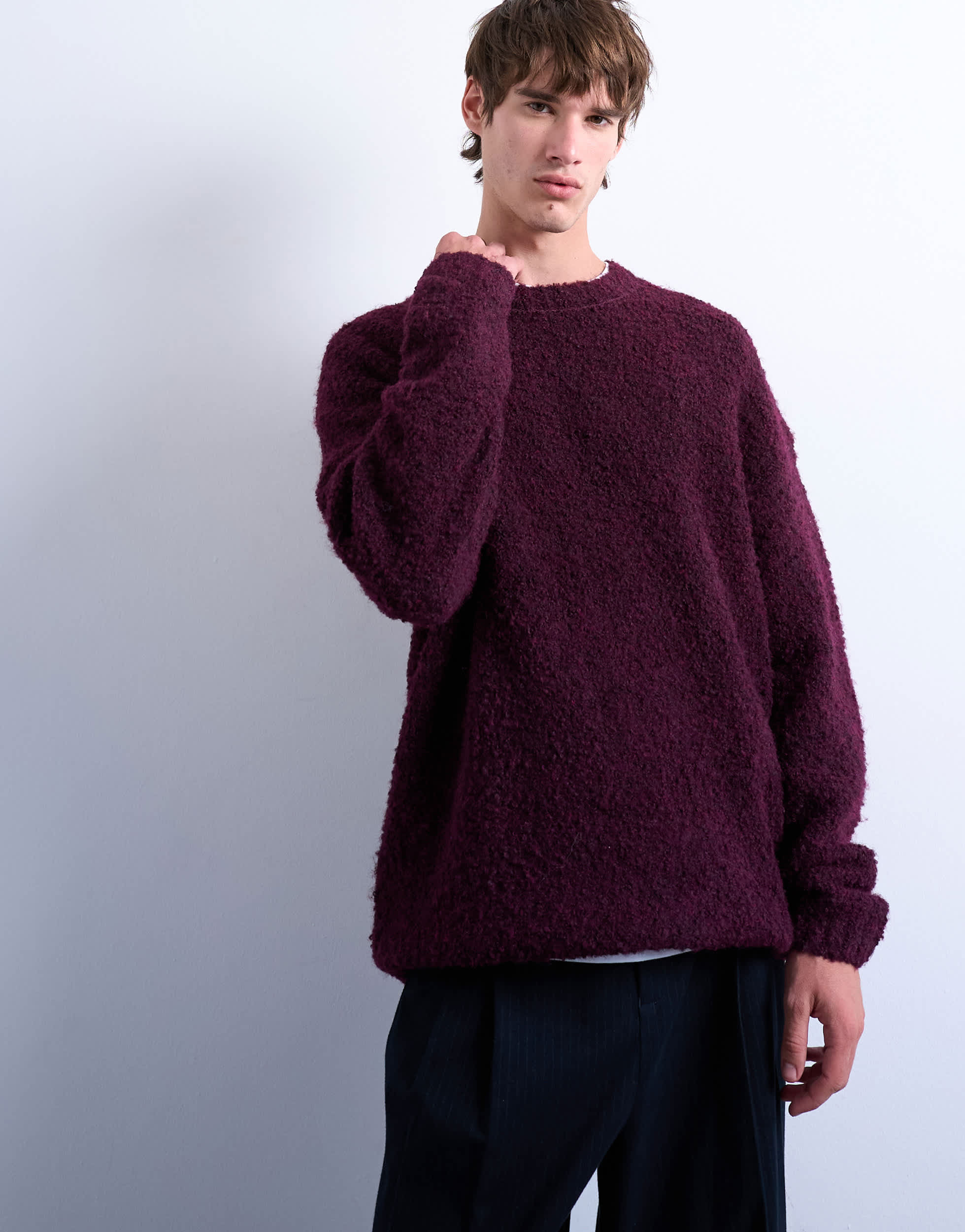 Topman Bouclé-Pullover in Burgunderrot mit lässiger Passform