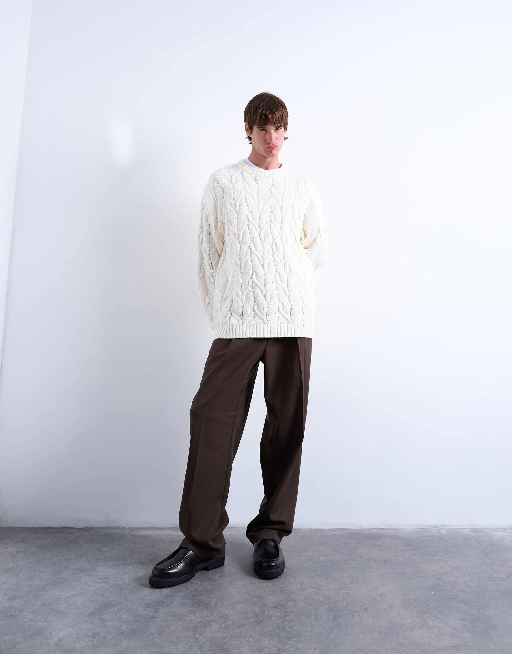 Topman relaxed fit heavyweight knitted jumper with cable in cream