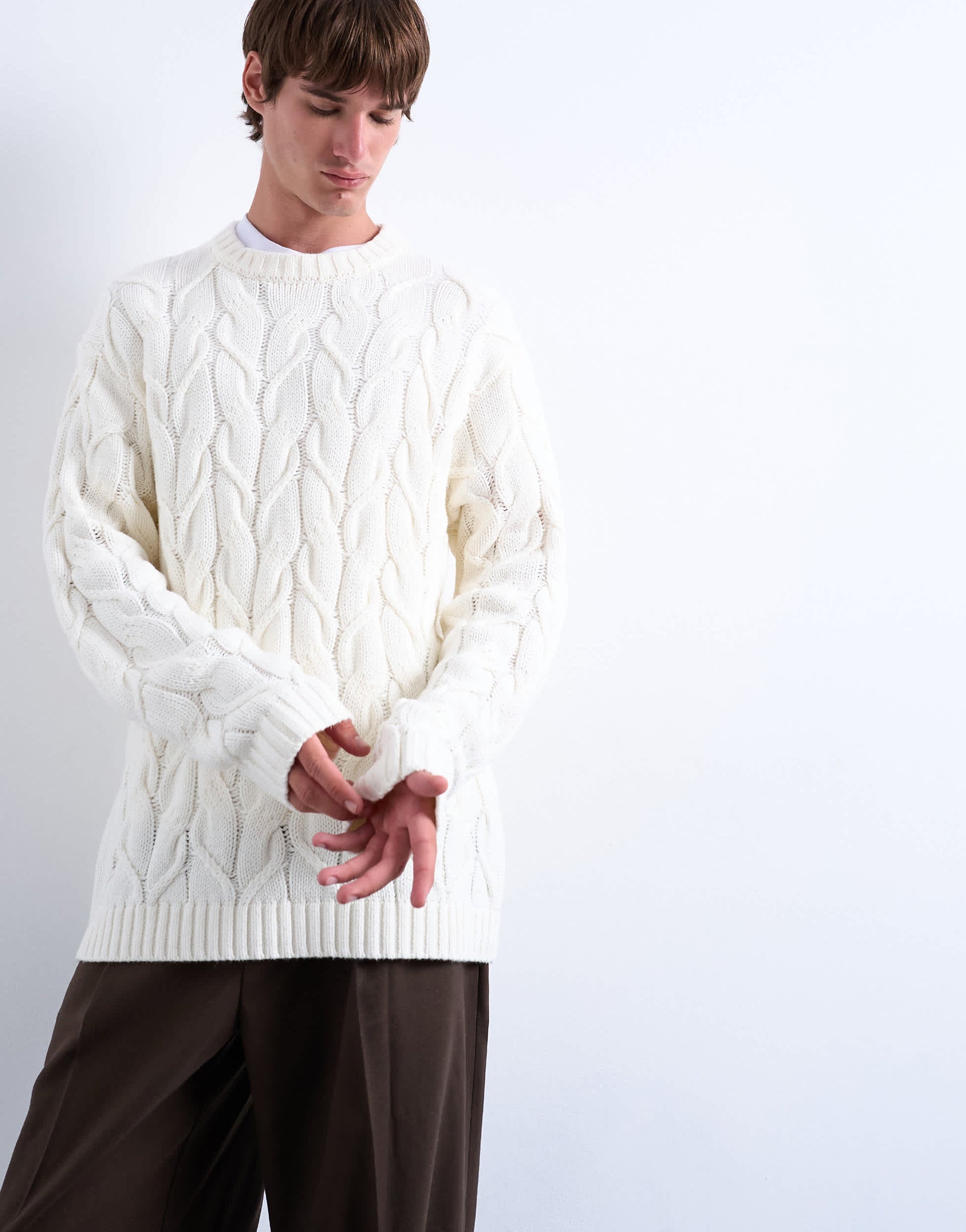 Topman relaxed fit heavyweight knitted jumper with cable in cream
