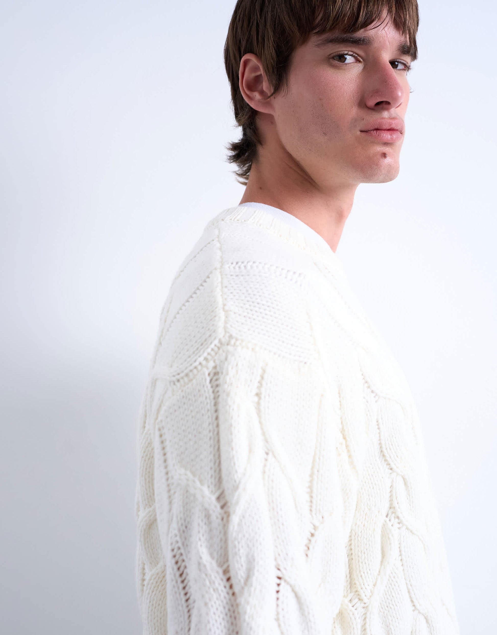 Topman relaxed fit heavyweight knitted jumper with cable in cream