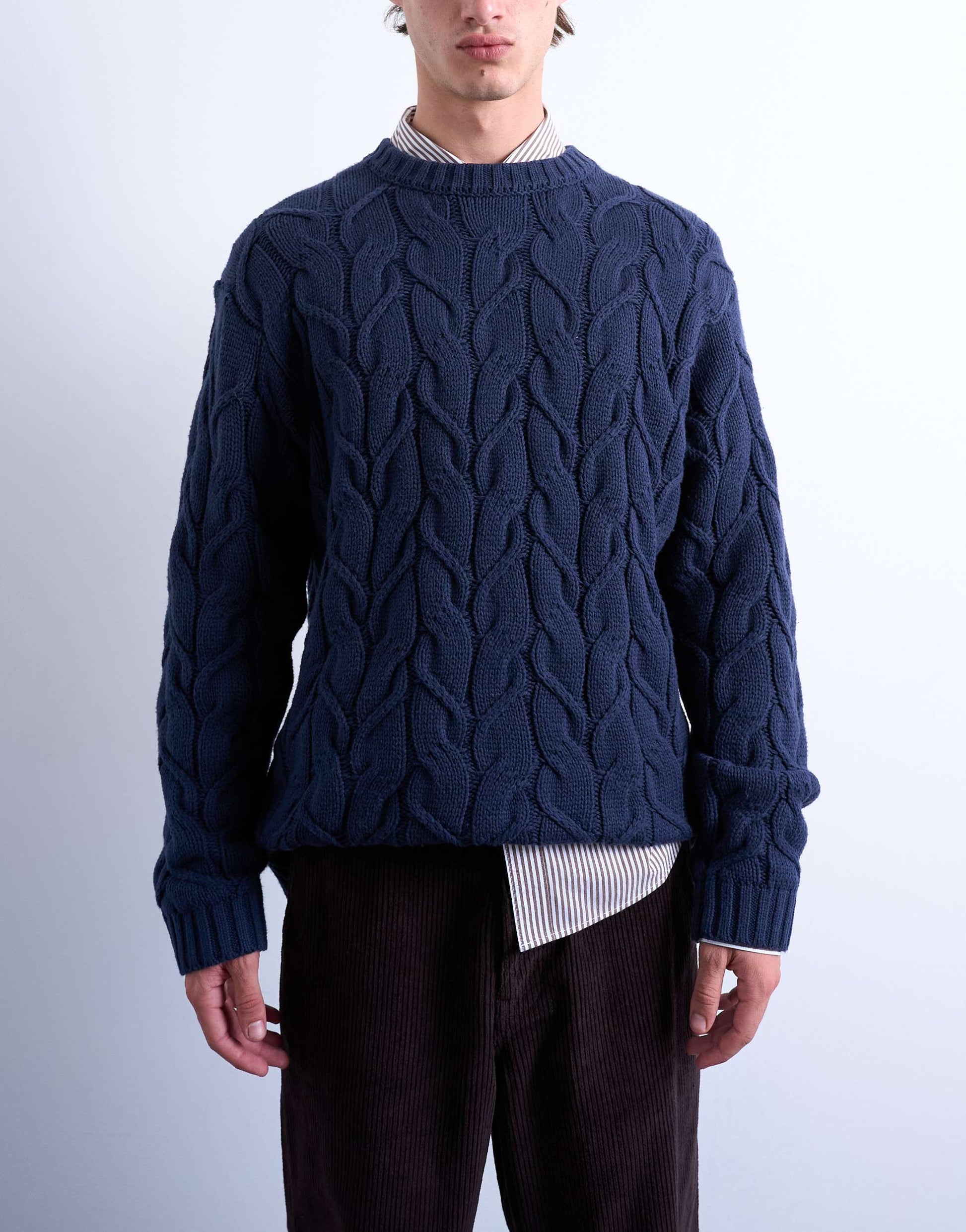 Topman relaxed fit heavyweight knitted jumper with cable in navy