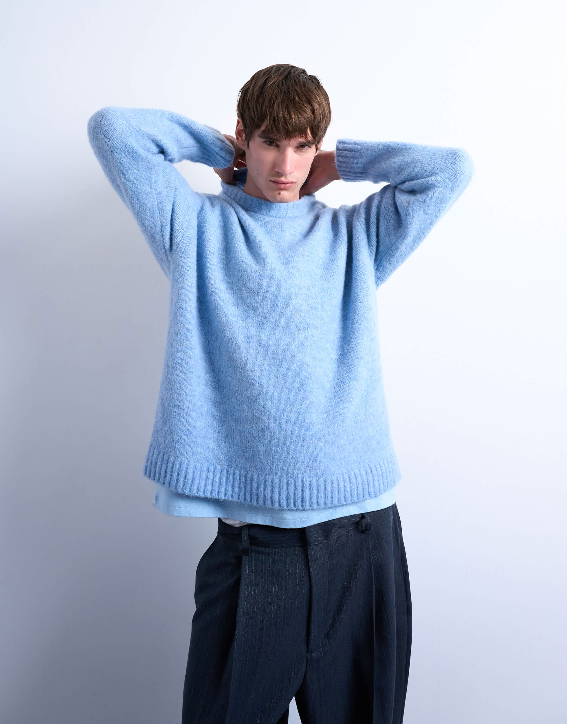 Topman Strickpullover mit Rundhalsausschnitt in Mittelblau