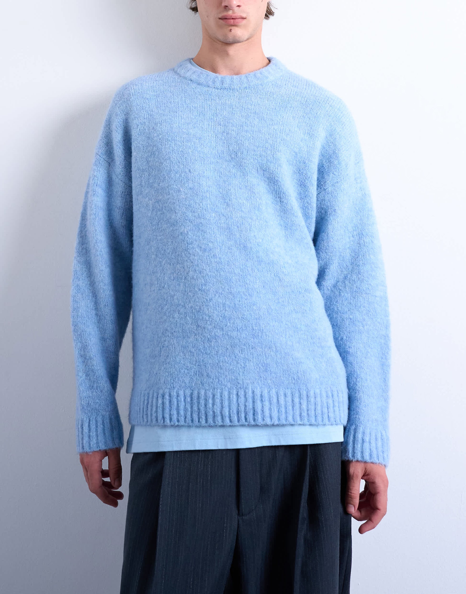 Topman loose knit crew jumper in mid blue