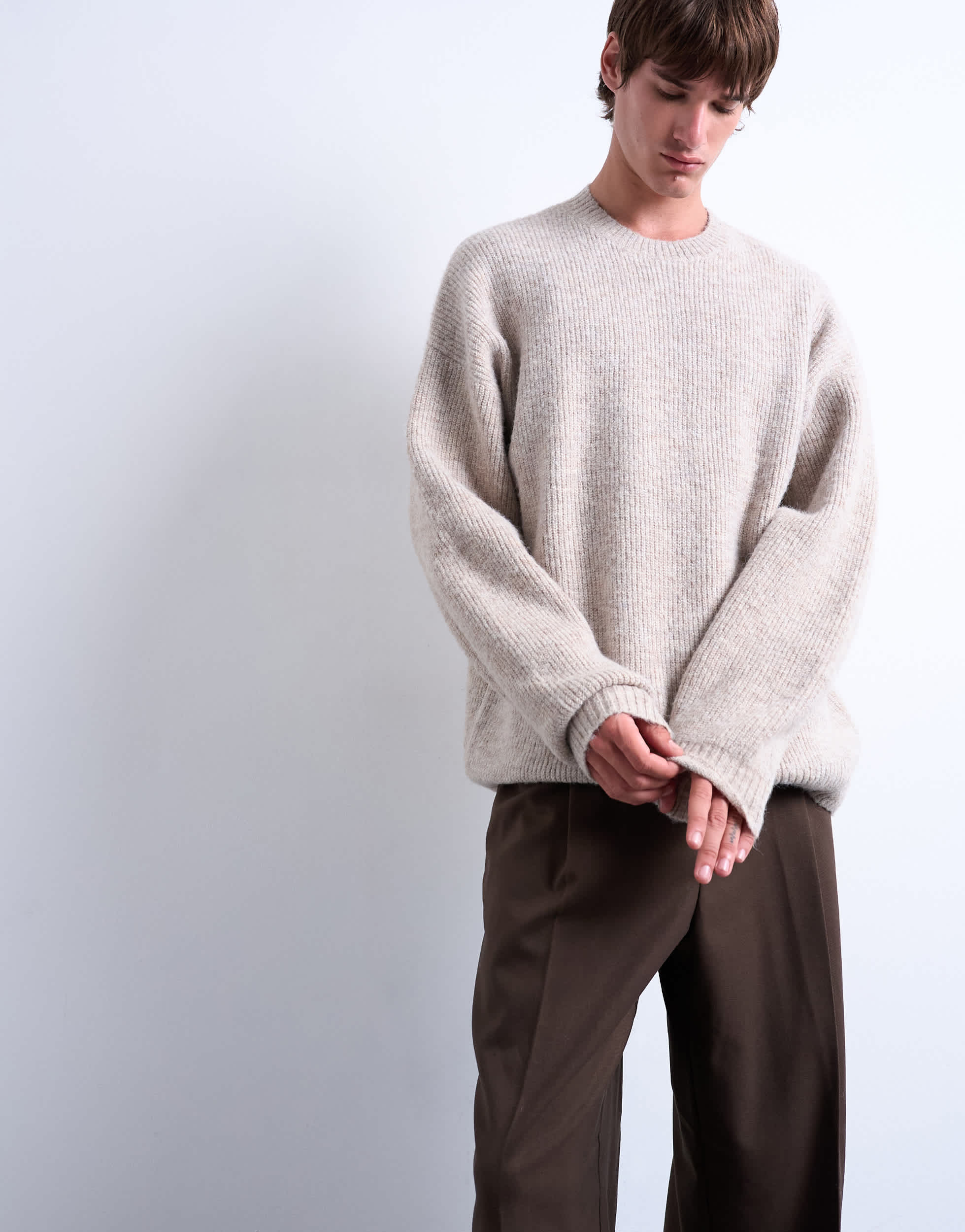 Topman Oversized-Rundhalspullover in Stone