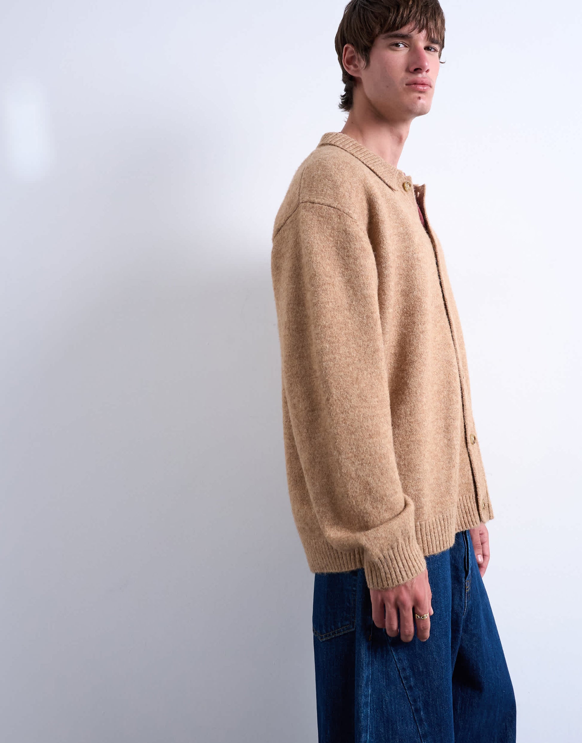 Topman oversized fit button through cardigan in stone