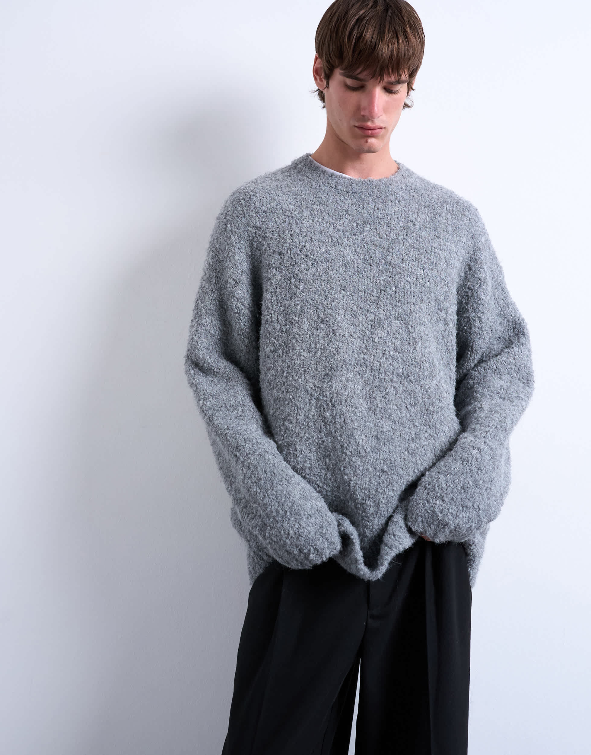 Topman Relaxed Fit Bouclé-Pullover in Hellgrau