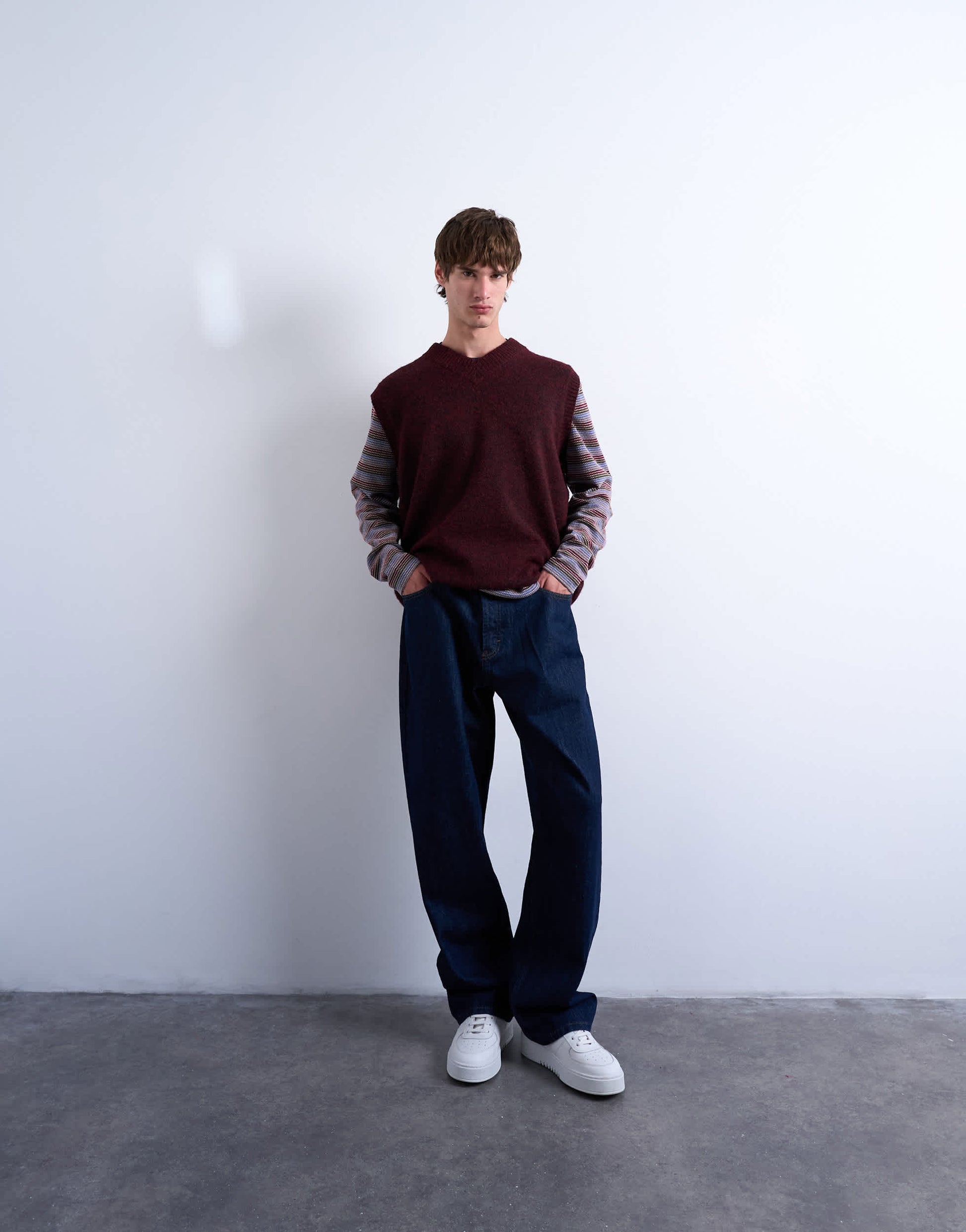 Topman oversized fit knitted v-neck tank in burgundy