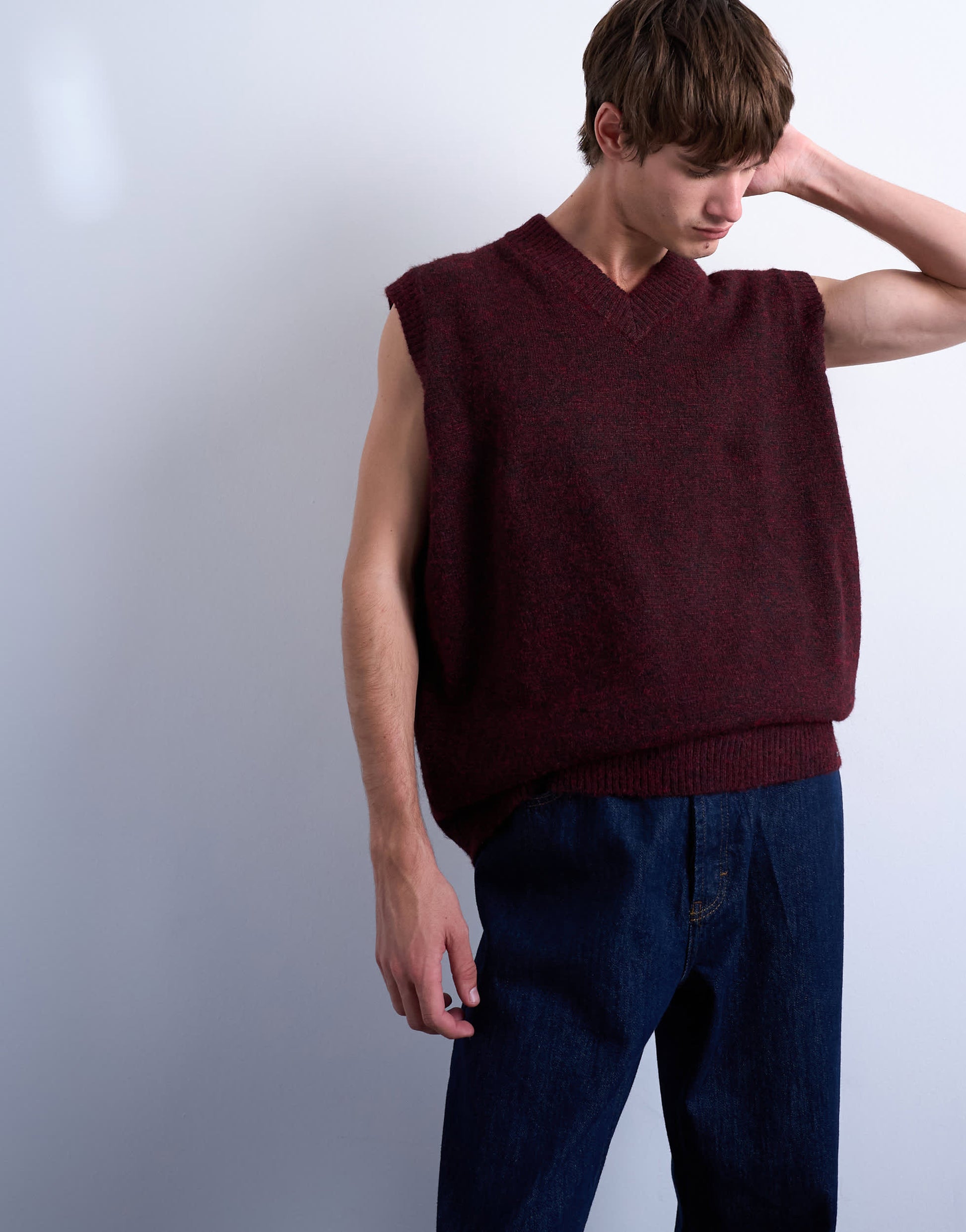 Topman oversized fit knitted v-neck tank in burgundy