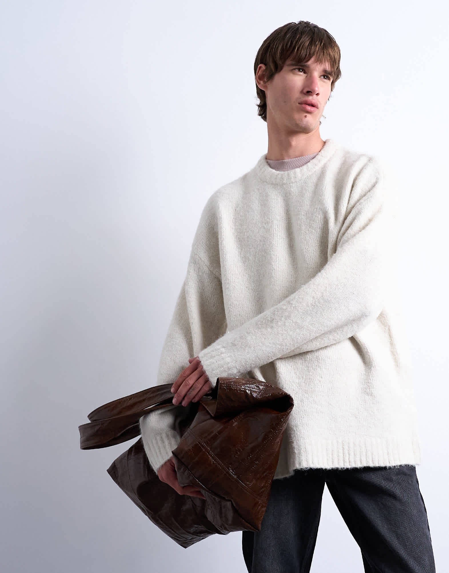 Topman locker gestrickter Rundhalspullover in Ecru