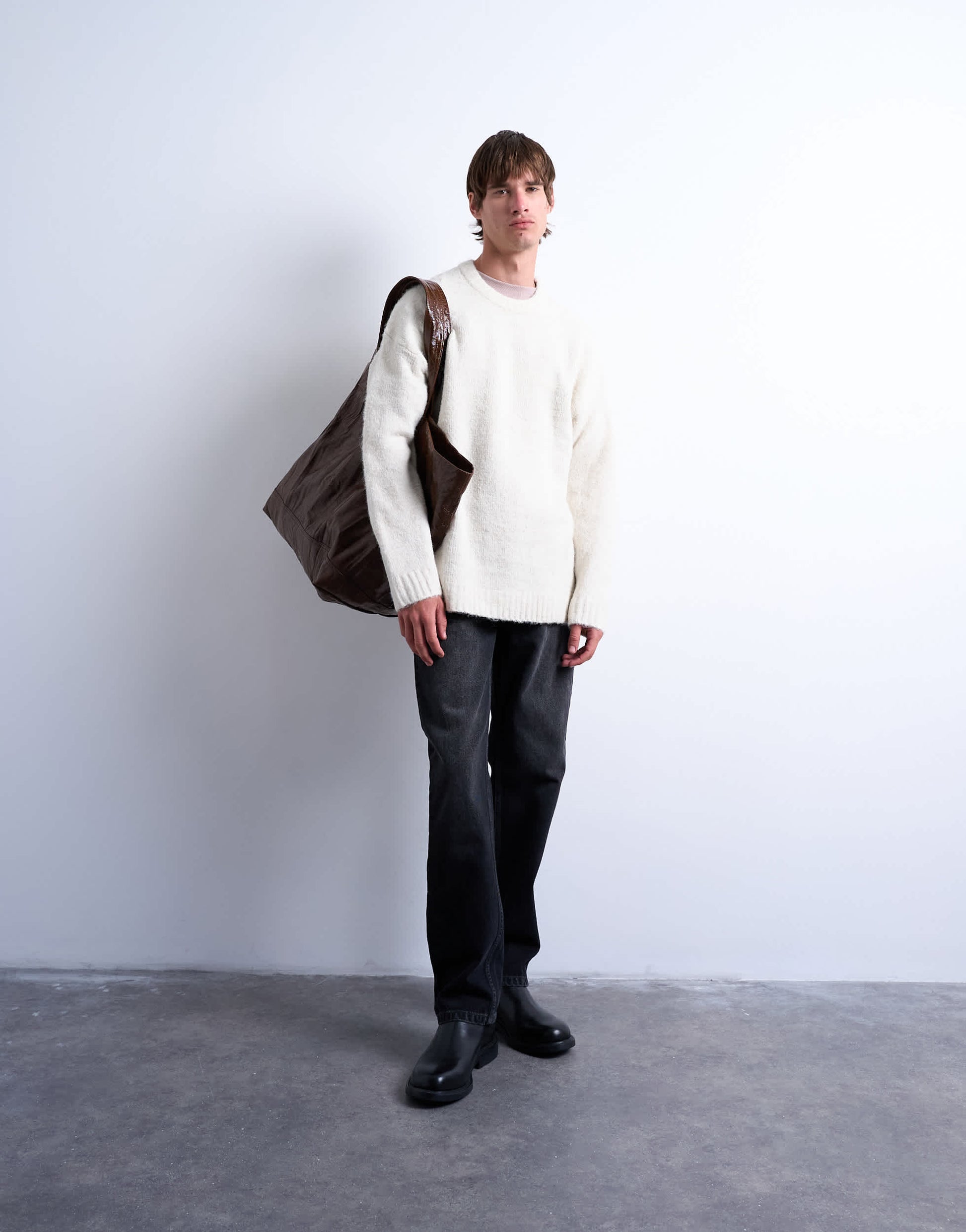 Topman loose knit crew jumper in ecru