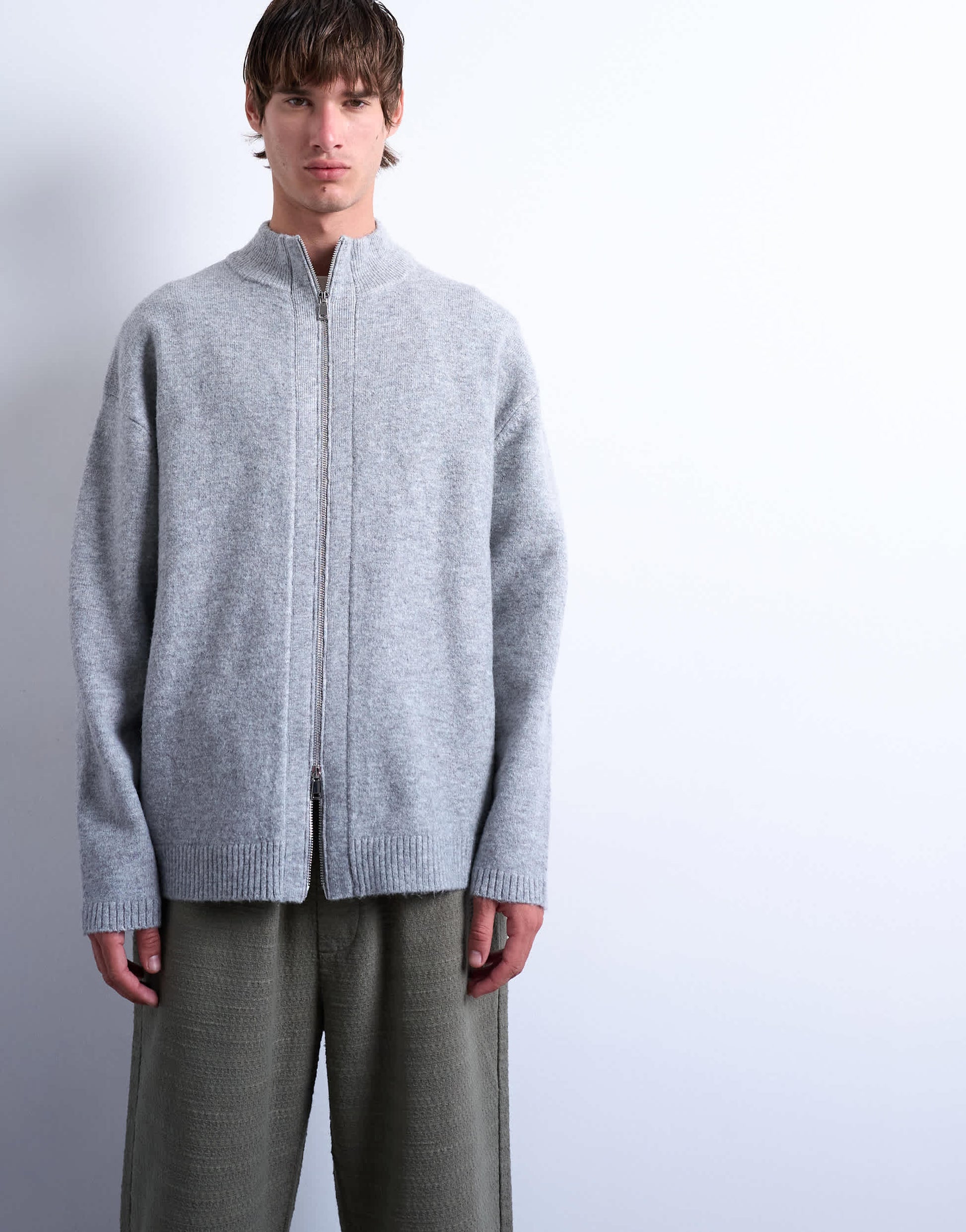 Topman double zip funnel neck cardigan in grey