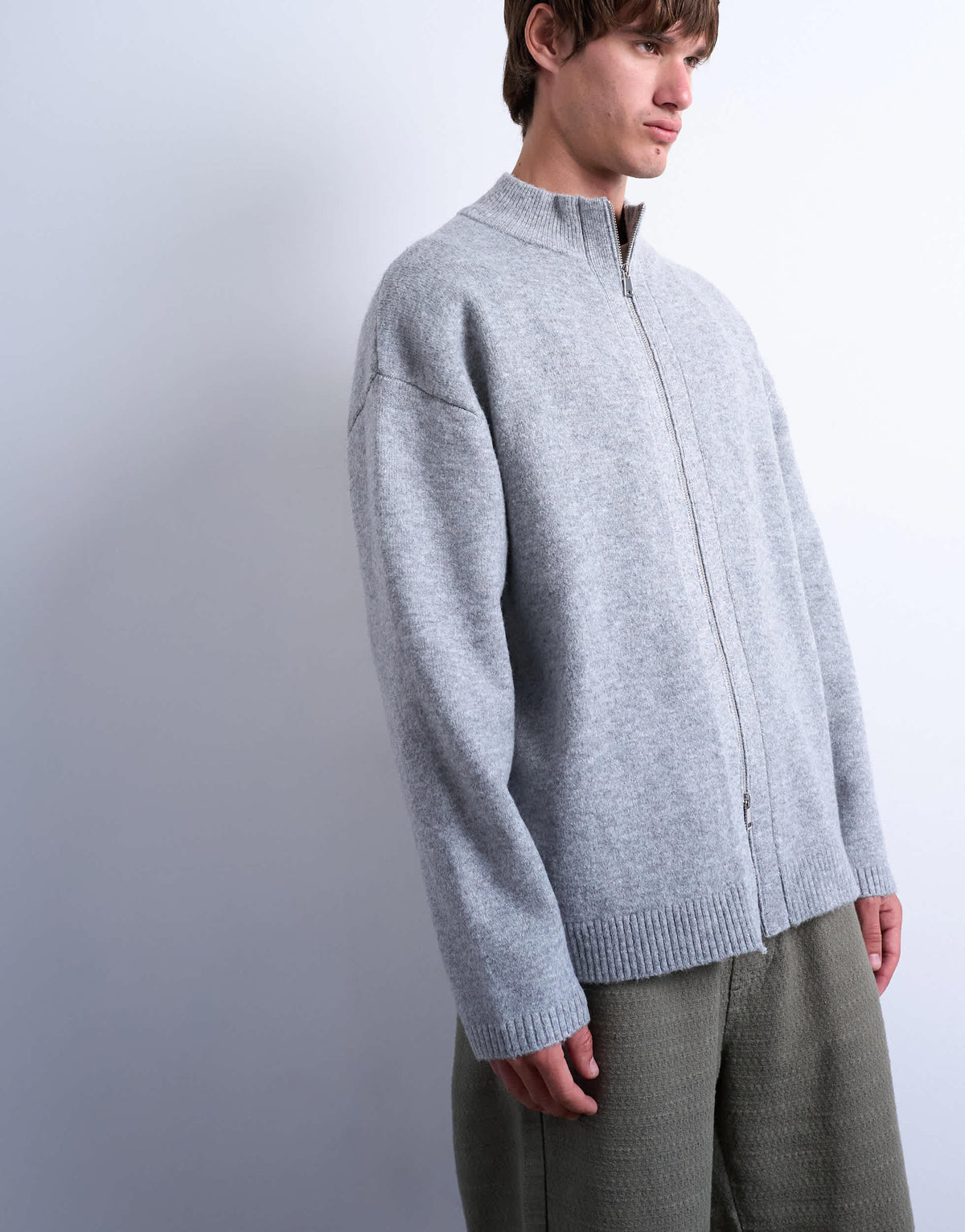Topman double zip funnel neck cardigan in grey
