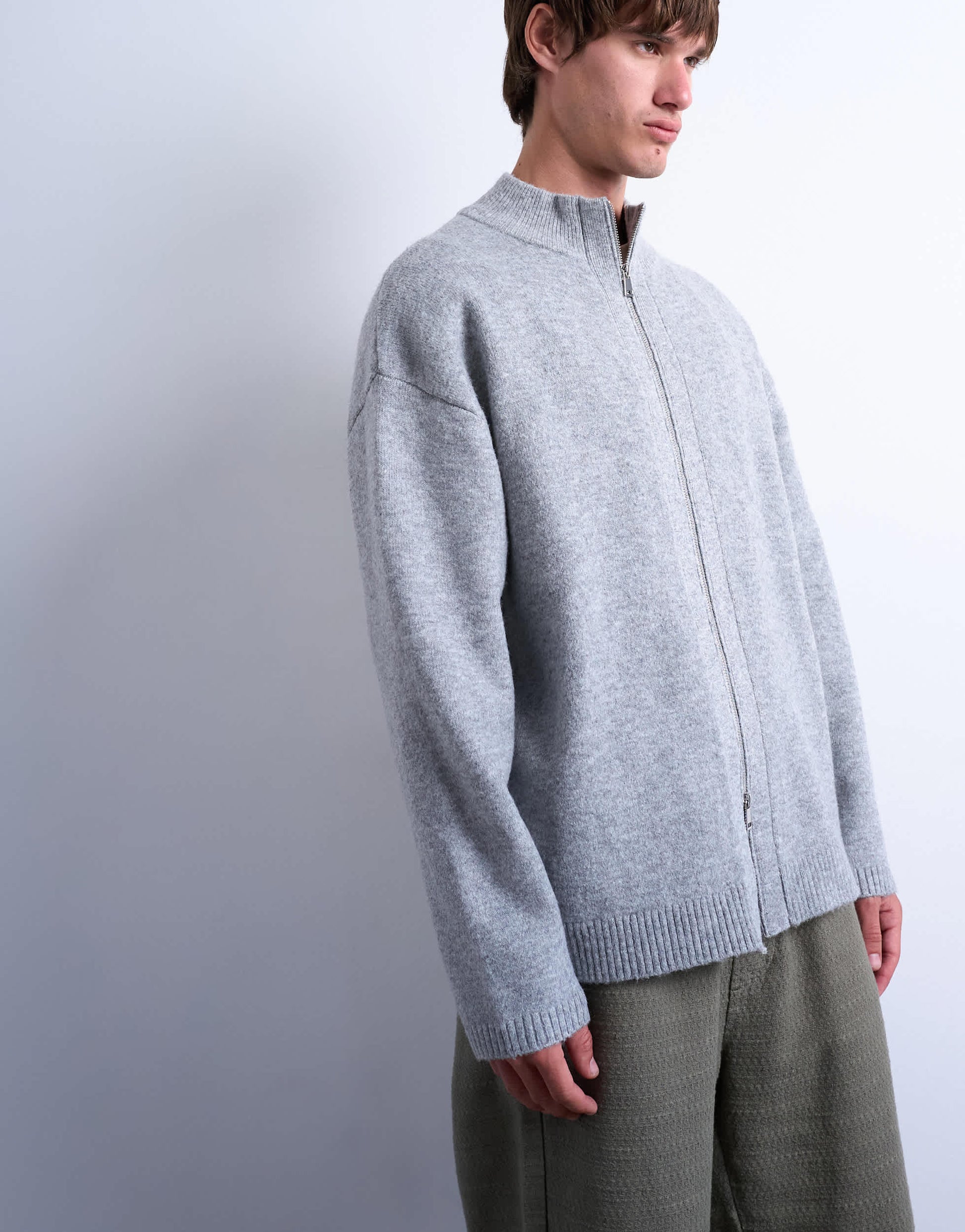 Topman double zip funnel neck cardigan in grey