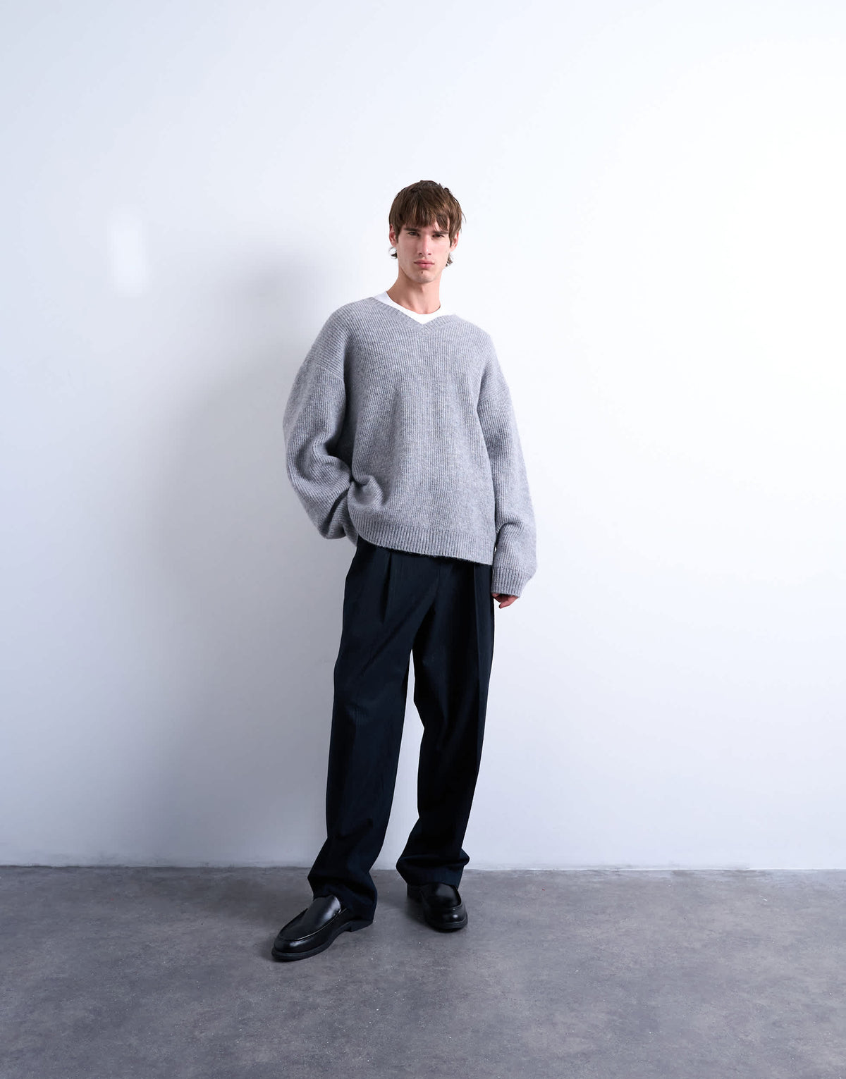 Topman oversized fit v neck jumper in grey