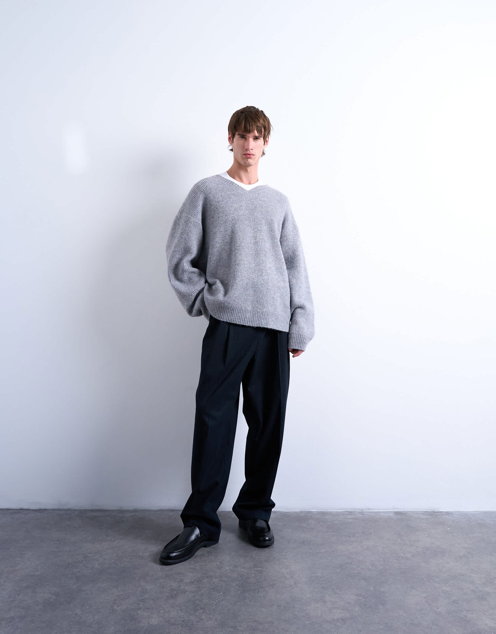 Topman oversized fit v neck jumper in grey