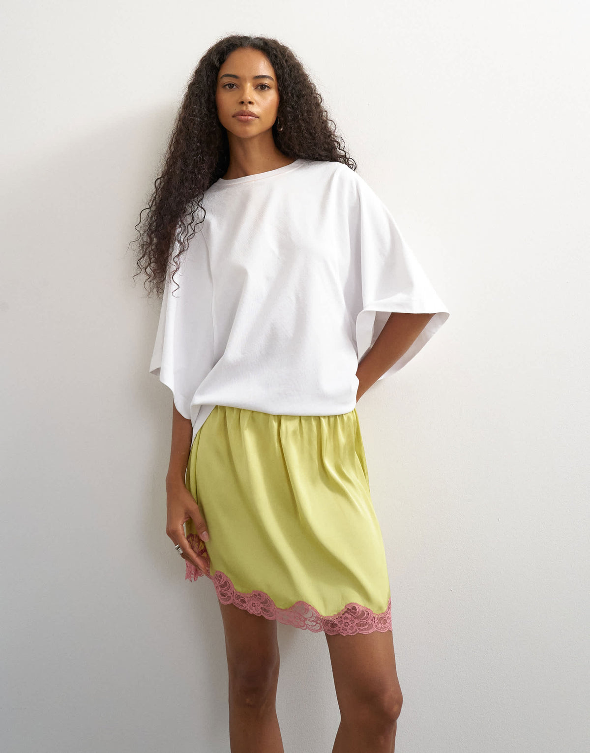 Topshop satin lace petticoat in lime with pink lace