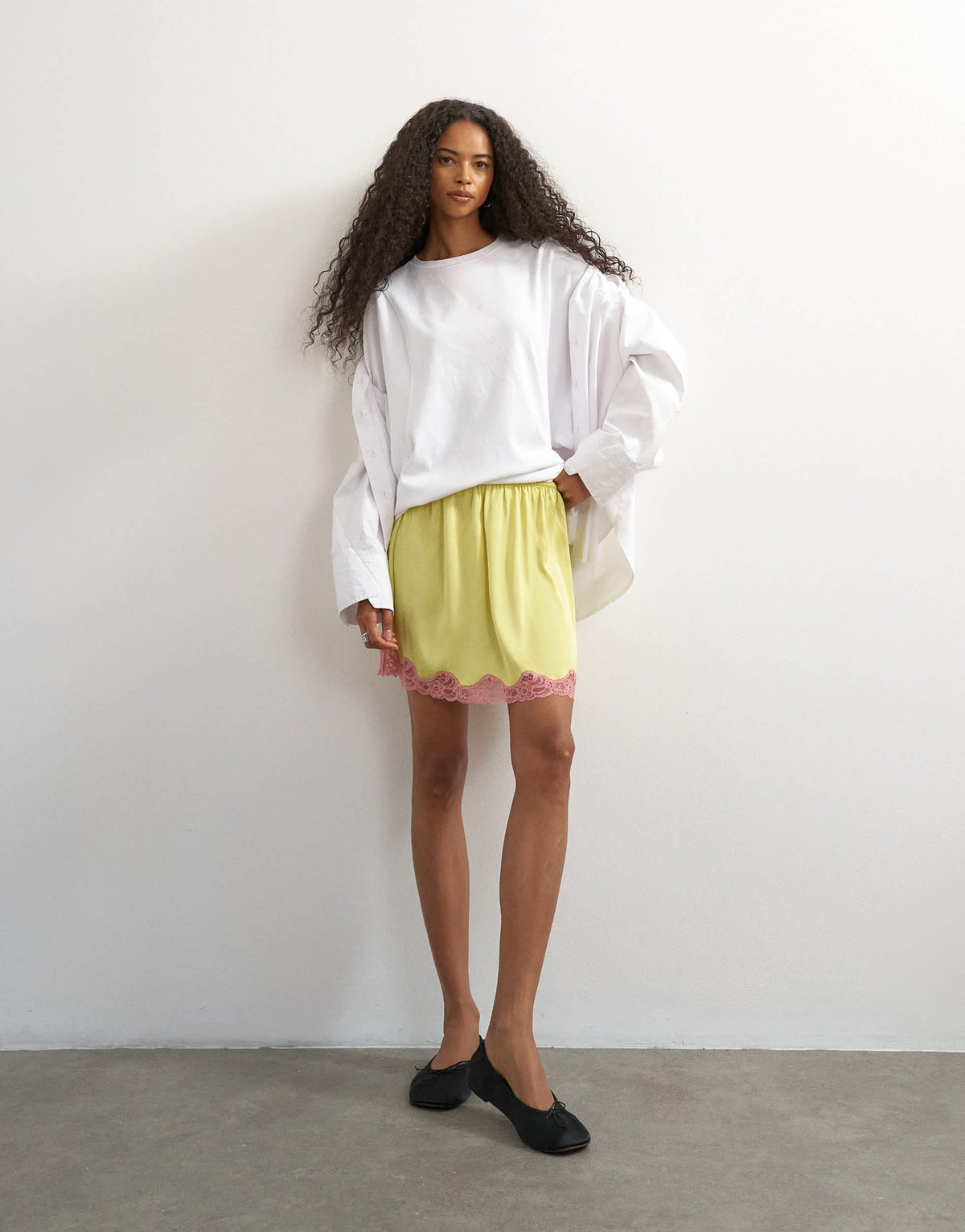 Topshop satin lace petticoat in lime with pink lace