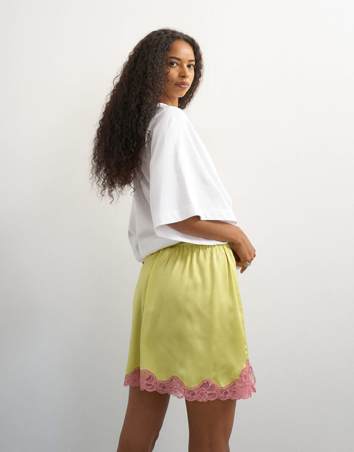 Topshop satin lace petticoat in lime with pink lace
