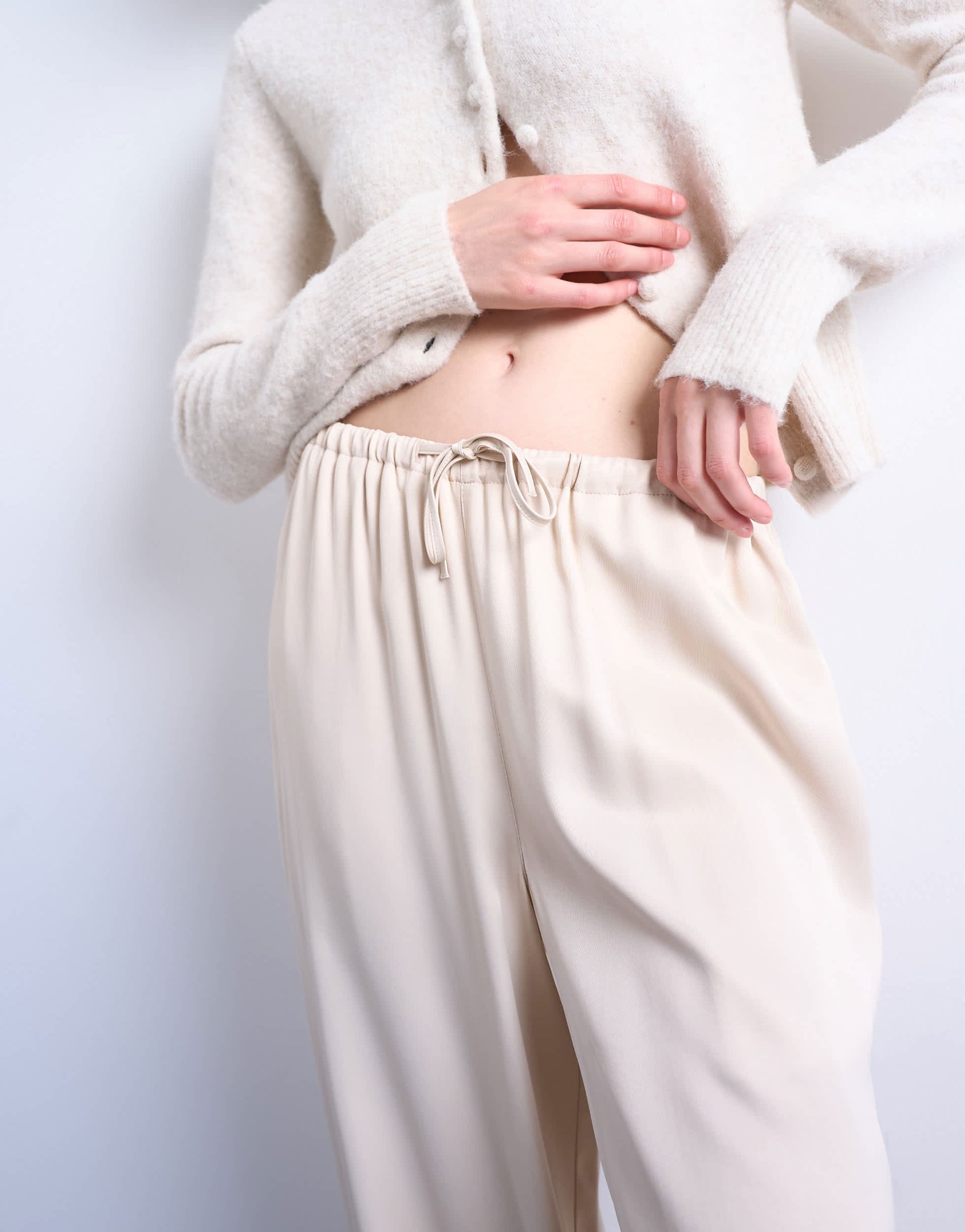 Topshop satin tie waist wide leg trouser in ecru