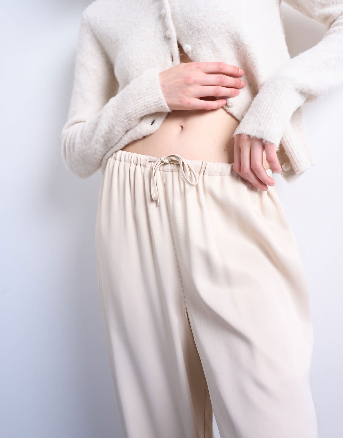 Topshop satin tie waist wide leg trouser in ecru