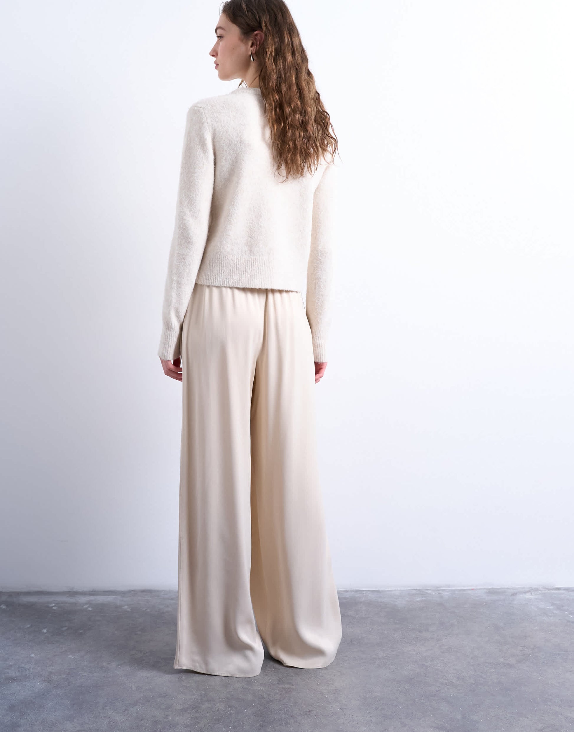 Topshop satin tie waist wide leg trouser in ecru