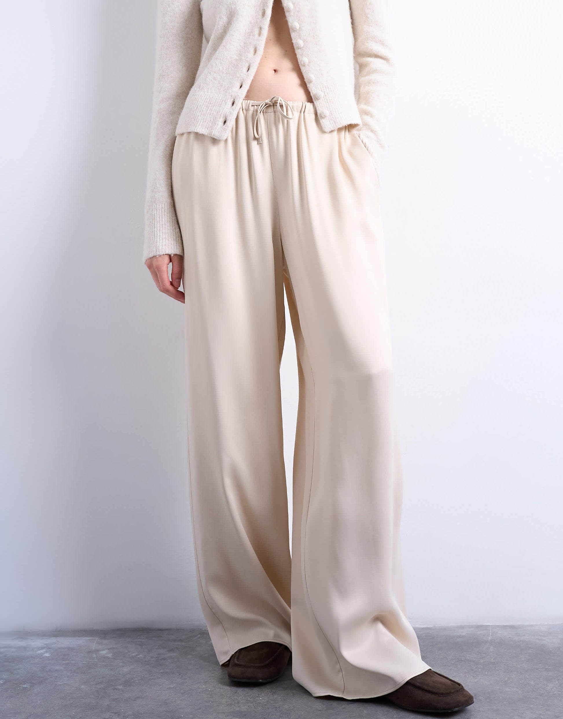 Topshop satin tie waist wide leg trouser in ecru