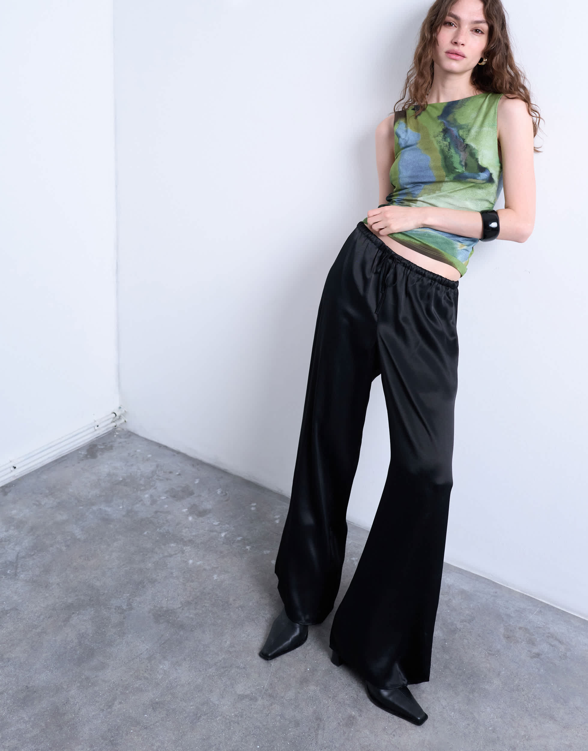 Topshop satin tie waist wide leg trouser in black