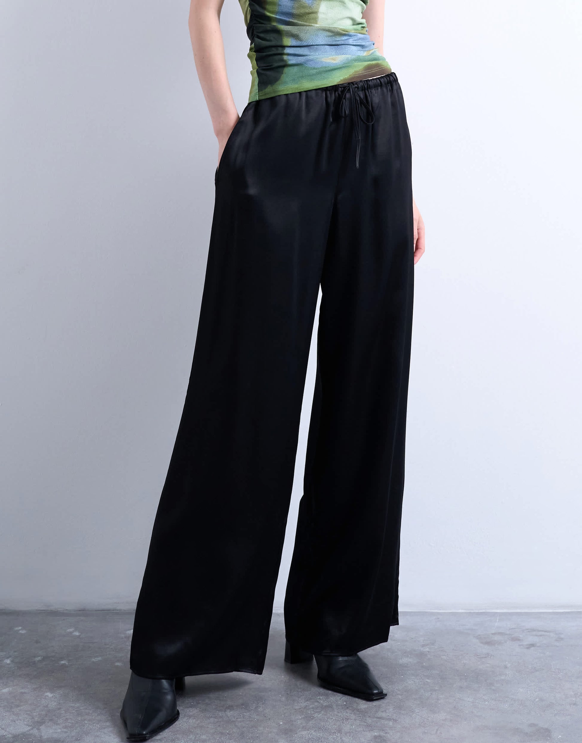 Topshop satin tie waist wide leg trouser in black