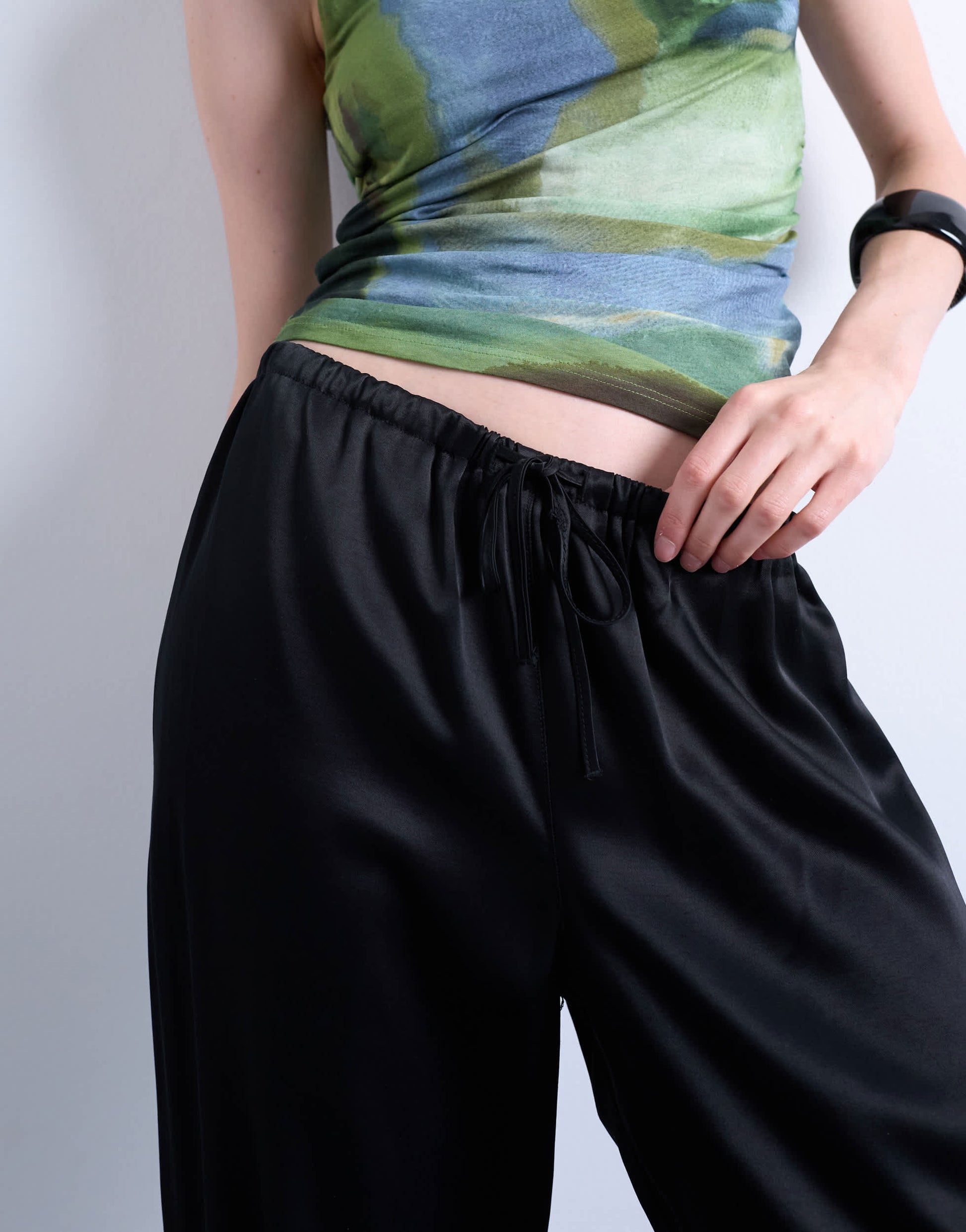 Topshop satin tie waist wide leg trouser in black