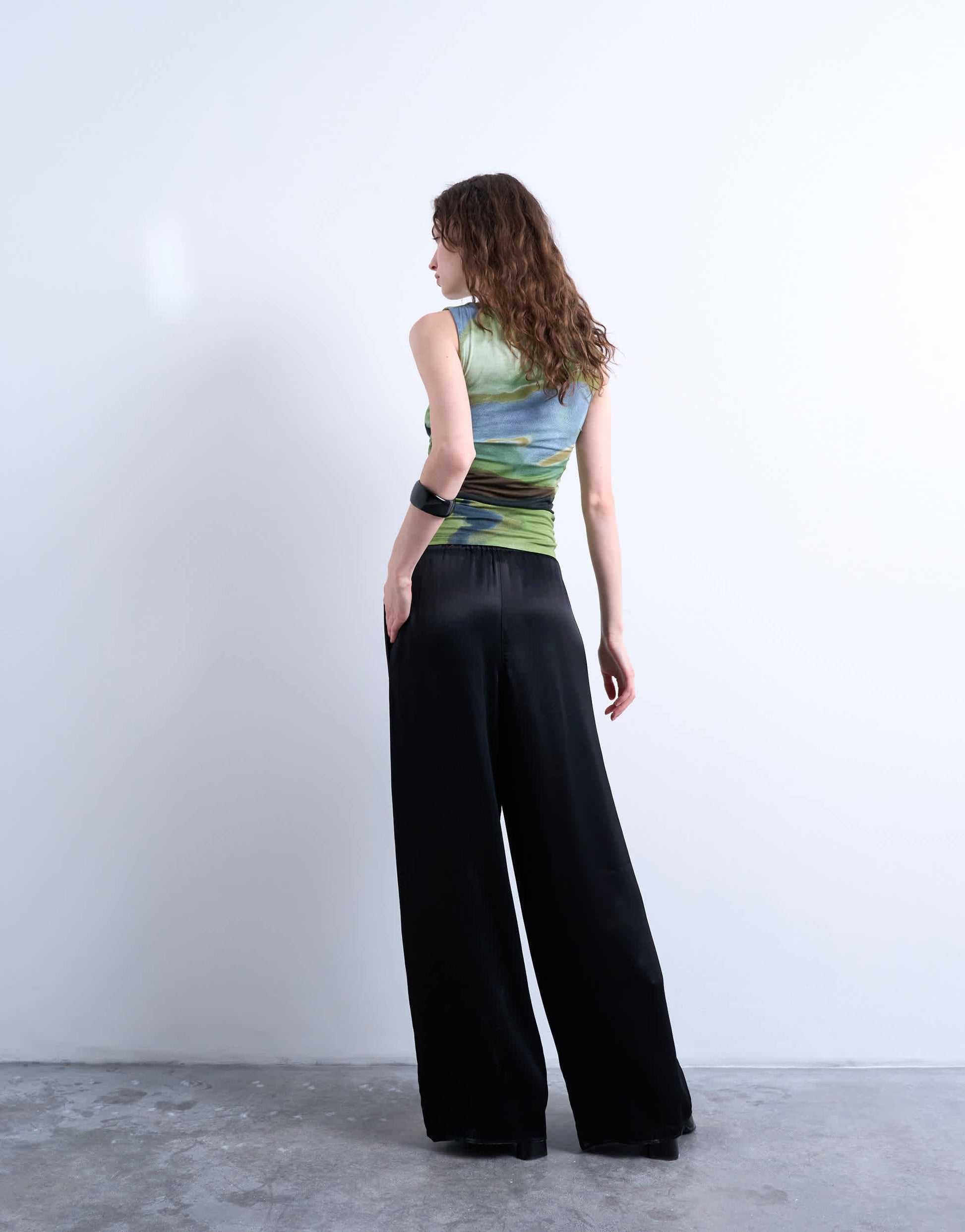 Topshop satin tie waist wide leg trouser in black