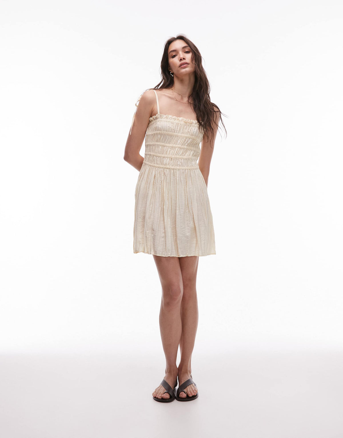 Topshop crinkle shirred bust mini dress in natural