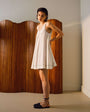 Topshop linen trapeze mini dress with deep hem in natural with contrast stitch