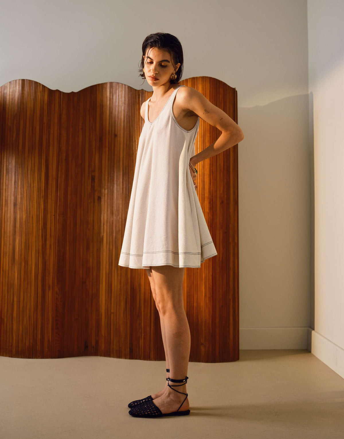 Topshop linen trapeze mini dress with deep hem in natural with contrast stitch